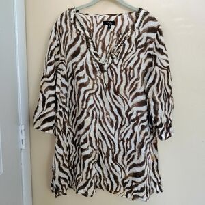 Rafaella Brown Cream Linen Zebra Beaded Tunic Top 2X Office Vacation Travel